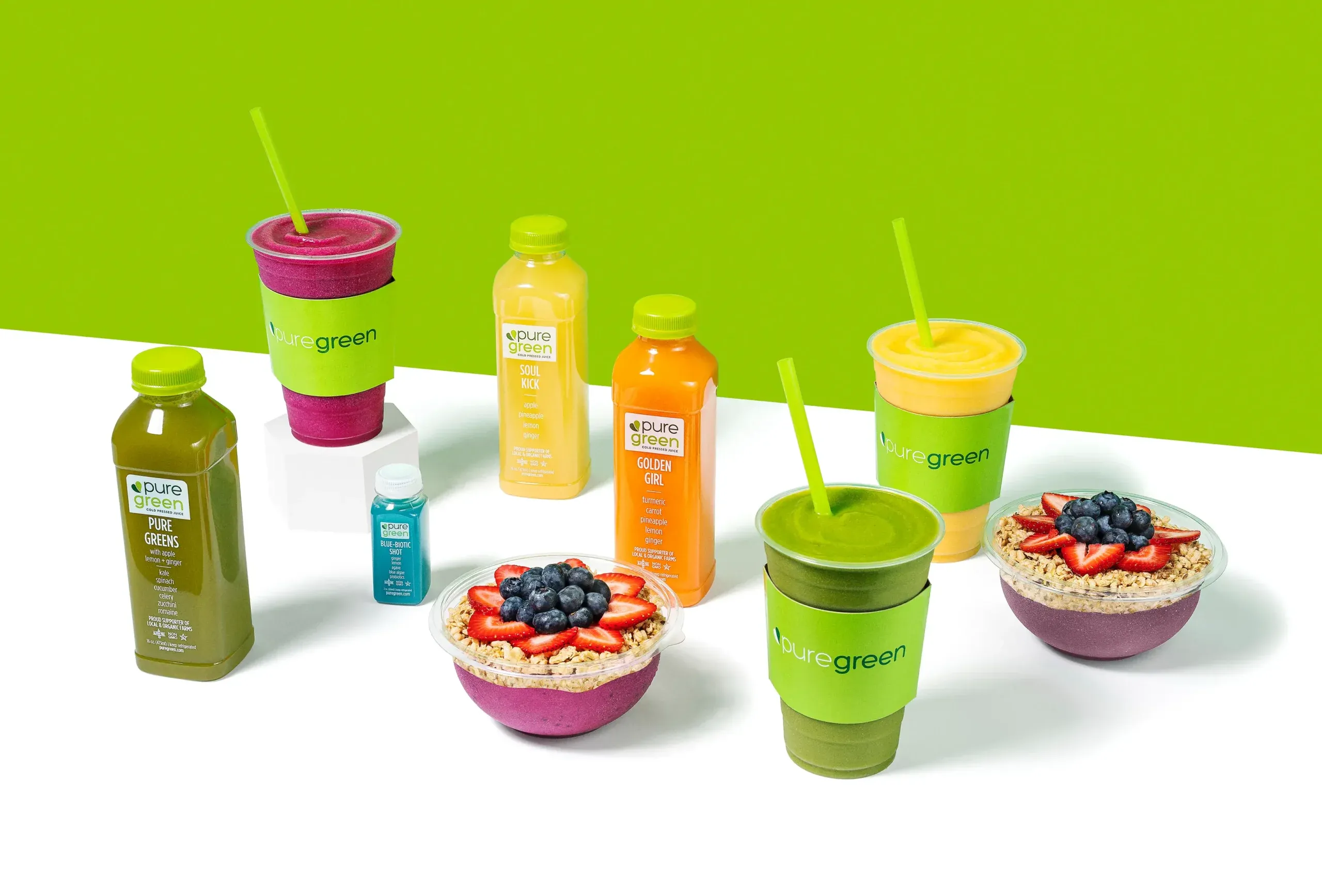 Pure Green smoothies, juices, shots and acai bowls lined up for catering